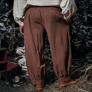 Medieval style brown cotton linen loose pirate pants for men, vintage halloween costume trousers.
