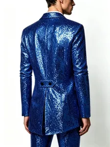 Close-up detail view of the back of a luxury blue sequin men's party blazer jacket.