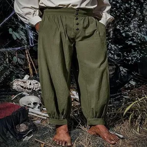 Men linen vintage renaissance pirate trousers medieval loose casual drawstring green pants