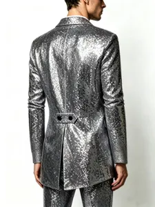 Men's silver sequin tuxedo jacket detail view, perfect for party and stage performance wear.