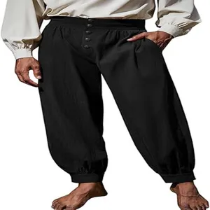 Men medieval renaissance pirate trousers cotton linen loose fit casual cuffed pants