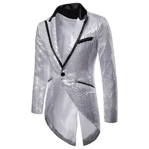 Men stylish silver sequin tailcoat jacket for stage performance party wedding prom suit coat