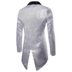 Detailed back view of a men's sequin tailcoat blazer with black lapel, elegant stage costume.