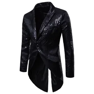 Men black sequin tailcoat jacket, evening party suit detail, stylish lapel tuxedo coat.