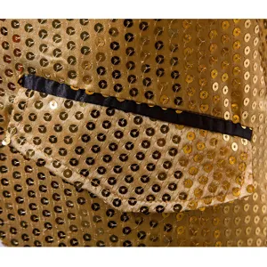 Men's gold sequin blazer pocket detail, fashion evening party jacket close-up view