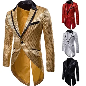 Mens Fashion Luxury Cotton Blend Sequin Swallowtail Suit Jacket Lapel Single Button Evening Party Blazer