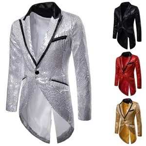 Men Sequin Tailcoat Blazer Party Tuxedo Shiny Suit Jacket Stage Performance Outwear