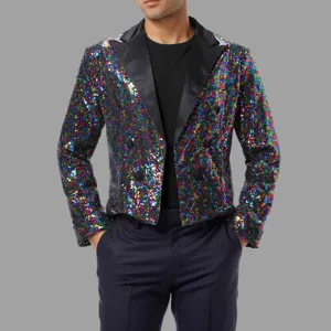Manteau Queue-de-Pie à Paillettes en Polyester pour Hommes Veste de Costume à Manches Longues et Revers pour Fête Boîte de Nuit Performance sur Scène