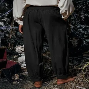 Men's medieval Renaissance pirate pants, cotton linen loose cuffed casual trousers for men.