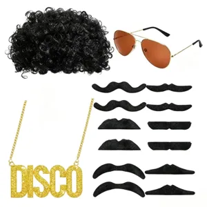 Ensemble d'accessoires de costume disco années 70 avec perruque afro, lunettes et collier.