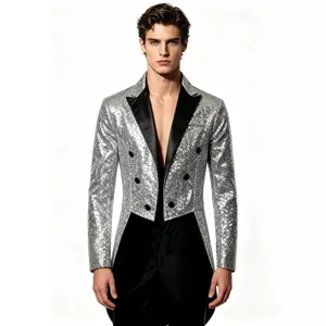 Men's silver sequin tailcoat blazer sparkle tuxedo jacket for party club stage performance