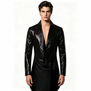 Men's black sequin tailcoat tuxedo blazer for party nightclub performance fashion design