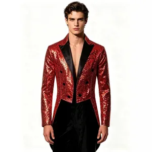Men's red sequin tailcoat jacket, stylish double-breasted party performance suit outerwear.