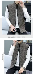 Men knit vest detail shot, stand collar sleeveless sweater waistcoat, casual daily wear.