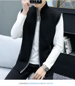 Men's thick thermal knitted vest cardigan winter sleeveless stand collar casual outerwear