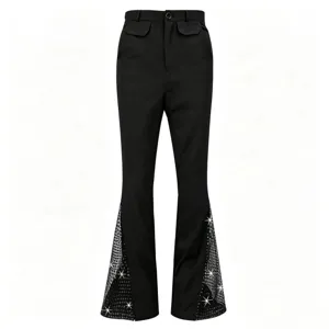 Pantalon patte d'eph rétro disco 70s pour homme avec bas en maille scintillante.