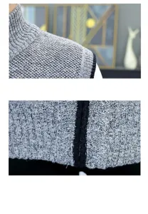 Men stand collar knit vest detail, grey sleeveless sweater close up fabric texture.