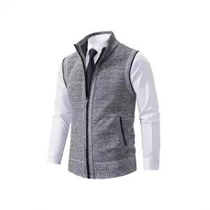 Men's Thickened Fleece Lined Knitted Vest Stand Collar Zipper Cardigan Casual Sleeveless Sweater Jacket