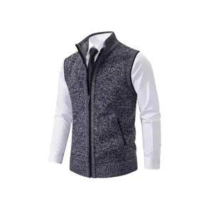 Men's knitted stand collar sleeveless zip-up vest sweater for men casual daily layering wear.