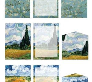 Vue detaillee de papier a lettre et d'enveloppes vintage sur le theme des peintures de Van Gogh.