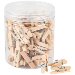 Natural wooden clothespin push pins set in clear jar, perfect for cute photo wall decoration.