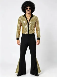 Ανδρική Στολή Ντίσκο 70s Vintage Πούλιες Μεταλλικό Χρυσό Pouκάμισο Και Καμπάνα Παντελόνι Πάρτι