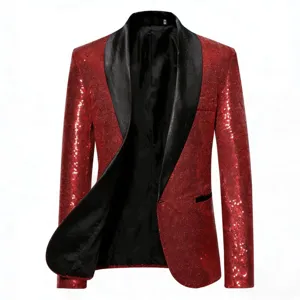 Men's Red Sequin Blazer With Black Shawl Lapel Nightclub Party Stage Suit Jacket