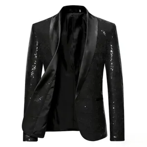 Men black sequin blazer jacket shiny shawl lapel tuxedo coat for party stage performance wear.