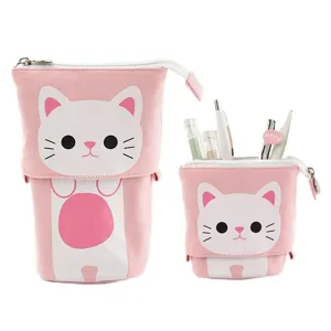Leuke roze telescopische canvas pennenzak met kattenontwerp, staande pennenhouder.
