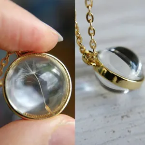 Macro detail of clear glass orb pendant featuring a delicate dried dandelion seed