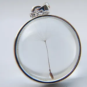 Macro view of real dandelion seed inside a clear glass ball pendant silver necklace