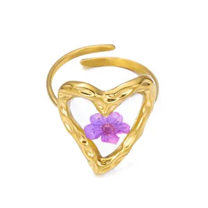 Vintage gold stainless steel heart ring with purple dried flower and textured band