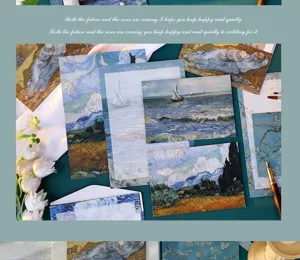 Vue détaillée de la papeterie style peinture Van Gogh avec papier à lettres et enveloppes.