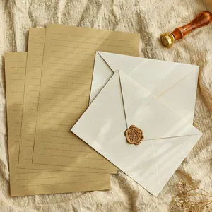 Retro vintage stationery set with kraft lined paper, linen texture envelopes, and wax seal stamp.