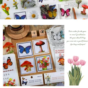Detailansicht frischer Blumen- und Schmetterlings-PET-Sticker für Tagebücher und Alben.