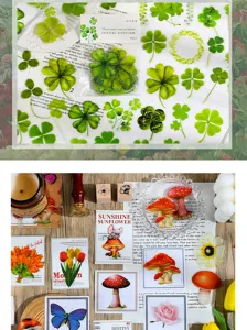 Dekorative botanische PET-Aufkleber mit Klee, Pilzen und Blumen für Tagebücher und Basteln.