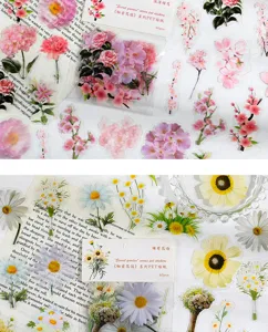 Blumen PET Aufkleber Set, wasserdichte dekorative Sticker für Tagebuch und Basteln.
