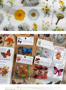 Wasserdichte Blumen und Schmetterling PET Aufkleber für Tagebuch und Basteln, bunt.