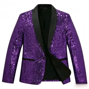 Close up view of purple sequin fabric texture and black shawl lapel on party blazer.