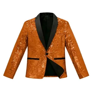 Men's Gold Sequin Suit Jacket Blazer Satin Shawl Lapel Nightclub Party Stage Costume