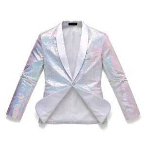 Mens sparkling sequin blazer jacket shawl lapel one button party performance suit outerwear.