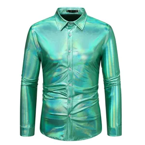 Chemise homme à manches longues brillante effet métallique pour soirée disco et club.