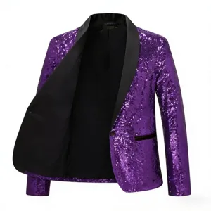 Detailed view of men's purple sequin blazer jacket, elegant party wear with black lapel.