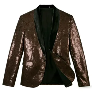 Men's brown sequin blazer jacket with black shawl lapel for party club stage performance.