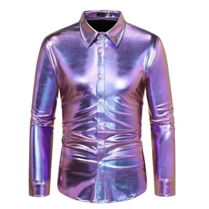 Chemise homme brillante métallique à manches longues pour fête disco clubwear mode violet