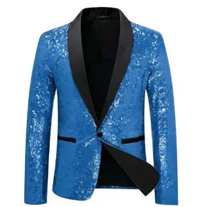 Men's stylish blue sequin blazer with black shawl lapel for party and performance wear.