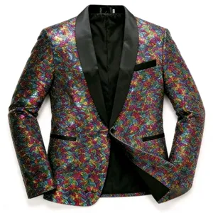 Colorful sequin men's blazer with black shawl lapel, single button, stylish party suit jacket.