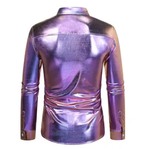 Chemise à manches longues métalliques brillantes pour homme dos, haut de club disco.