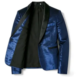 Blue metallic sequin tuxedo blazer jacket for men stage performance and party wear.
