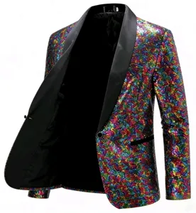 Colorful sequin blazer jacket detail view, shiny party suit outerwear for men stage performance.